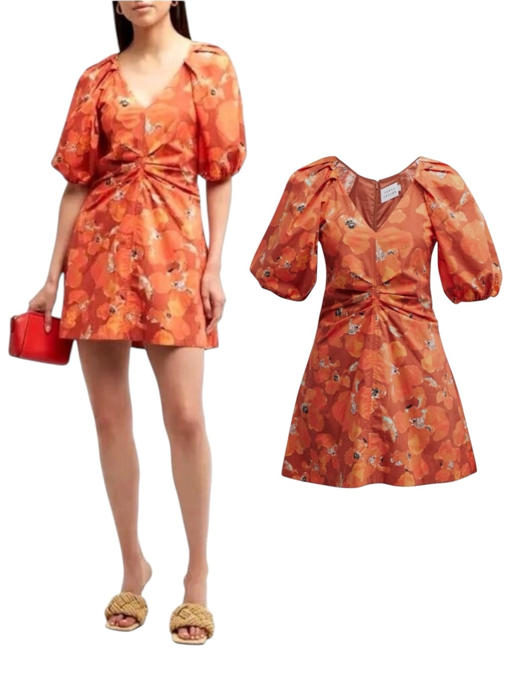 $498 100% Cotton Tanya Taylor Lacey Burnt Orange Floral Puff Sleeve Mini Dress